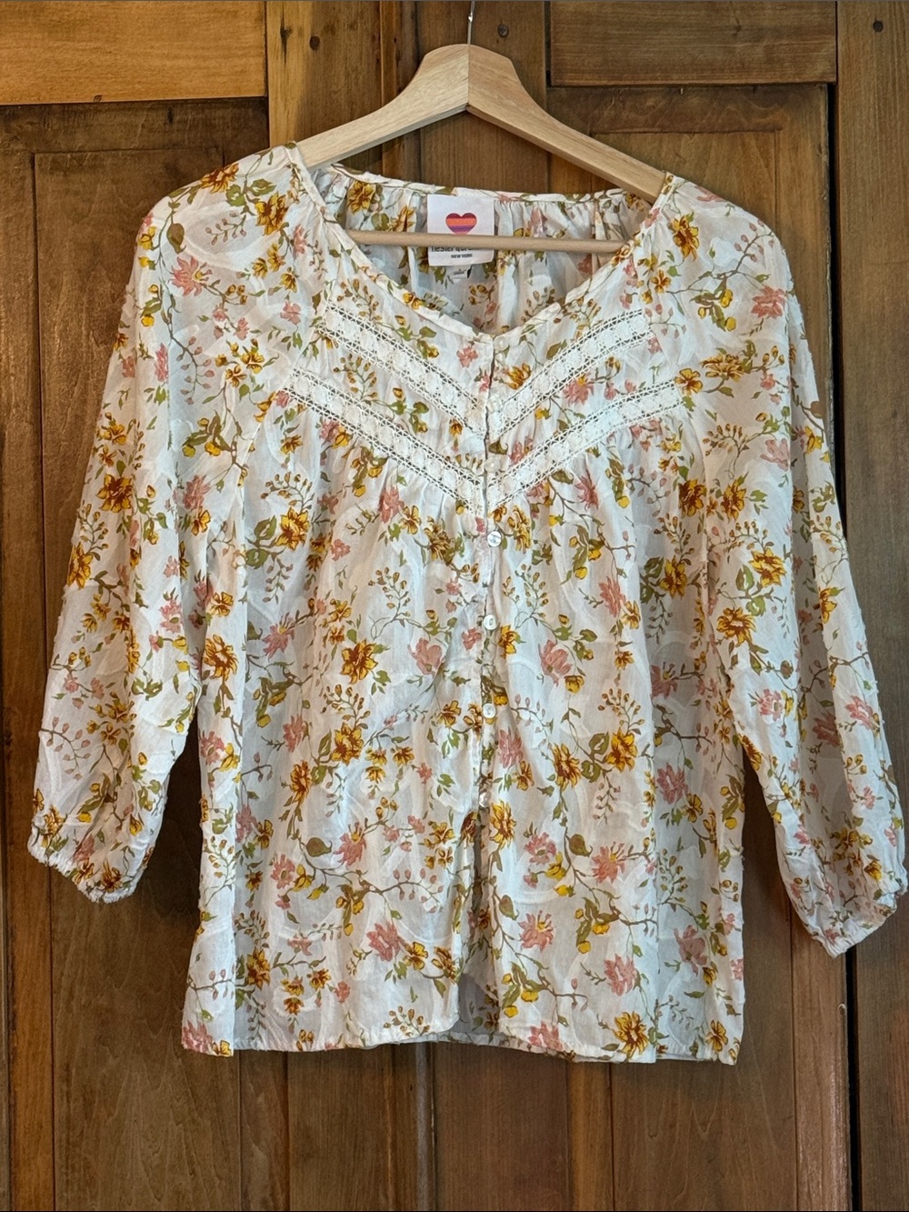 Sz L Cream Floral Button-Front Blouse Cottagecore 100% Cotton